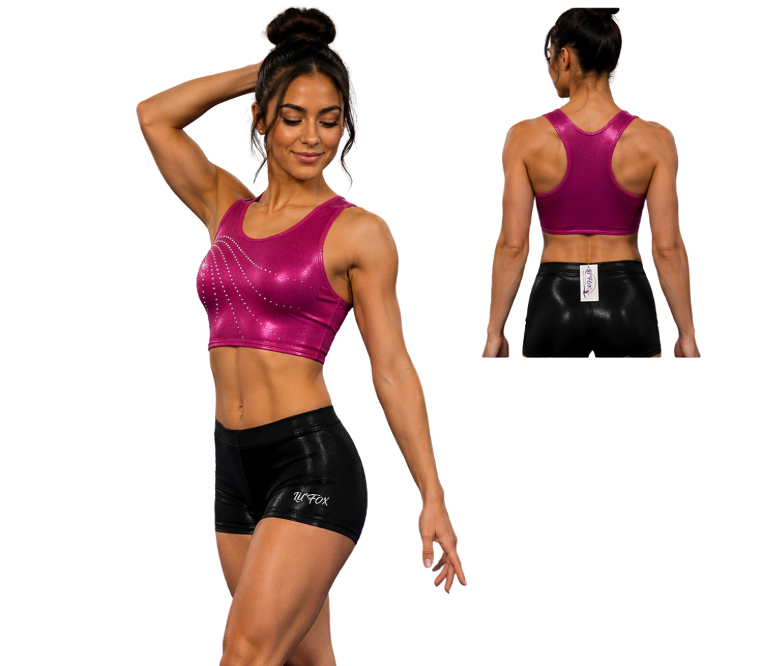 PINK MYSTIQUE WITH STONES AND BLACK MYST BIKE SHORTS CROP SET
