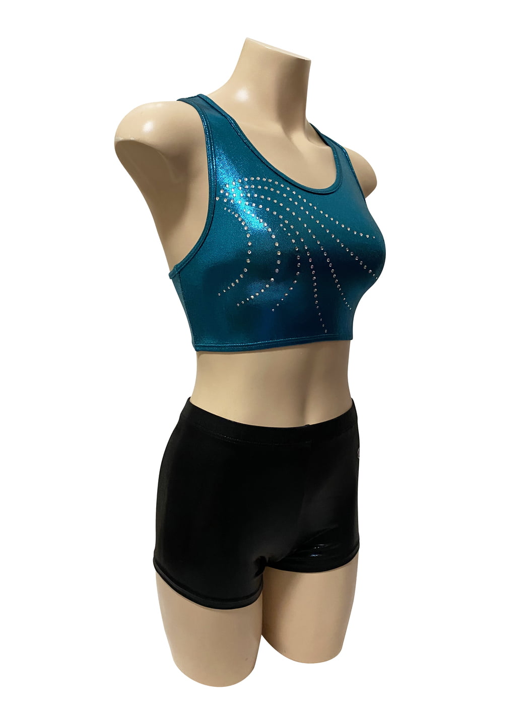 TEAL GREEN SHINY TOP BLACK SHINY SHORTS CROP SET
