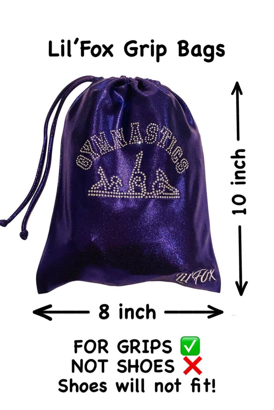 PURPLE SHINY MYSTIQUE GRIP BAG WITH 'GYMNASTICS' RHINESTONES 8x10"