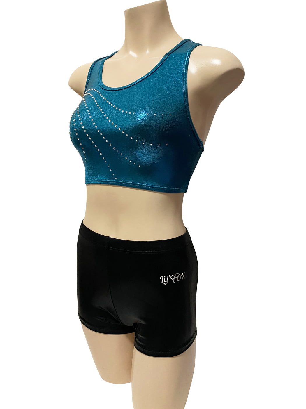 TEAL GREEN SHINY TOP BLACK SHINY SHORTS CROP SET