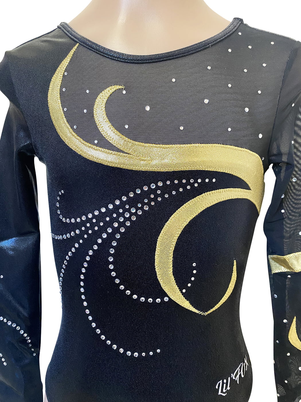 BLACK AND GOLD SWIRL MYSTIQUE WITH MESH STONES LONG SLEEVE