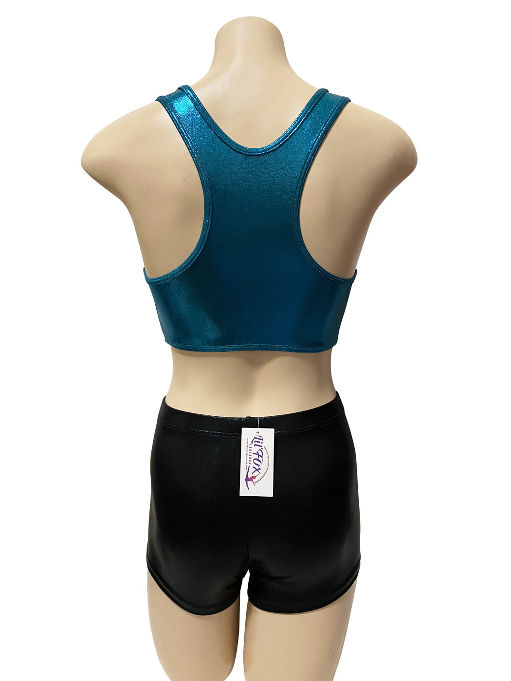 TEAL GREEN SHINY TOP BLACK SHINY SHORTS CROP SET