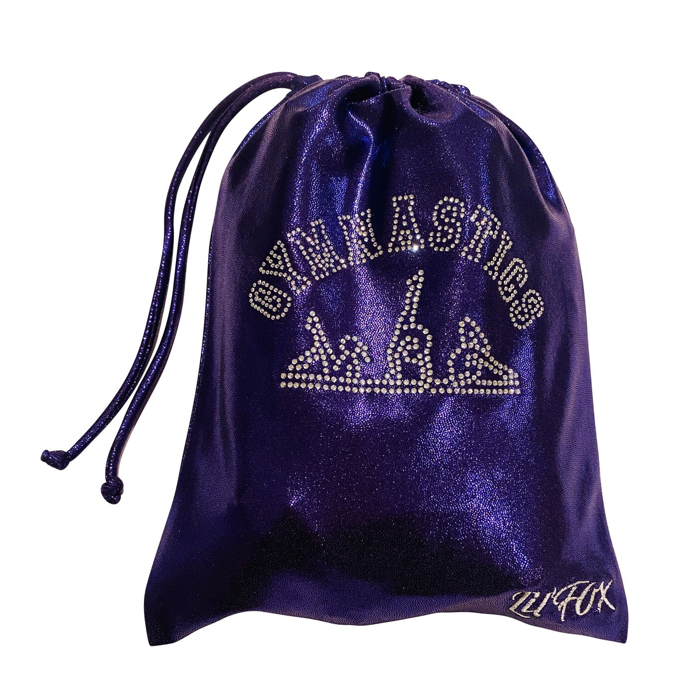 PURPLE SHINY MYSTIQUE GRIP BAG WITH 'GYMNASTICS' RHINESTONES 8x10"