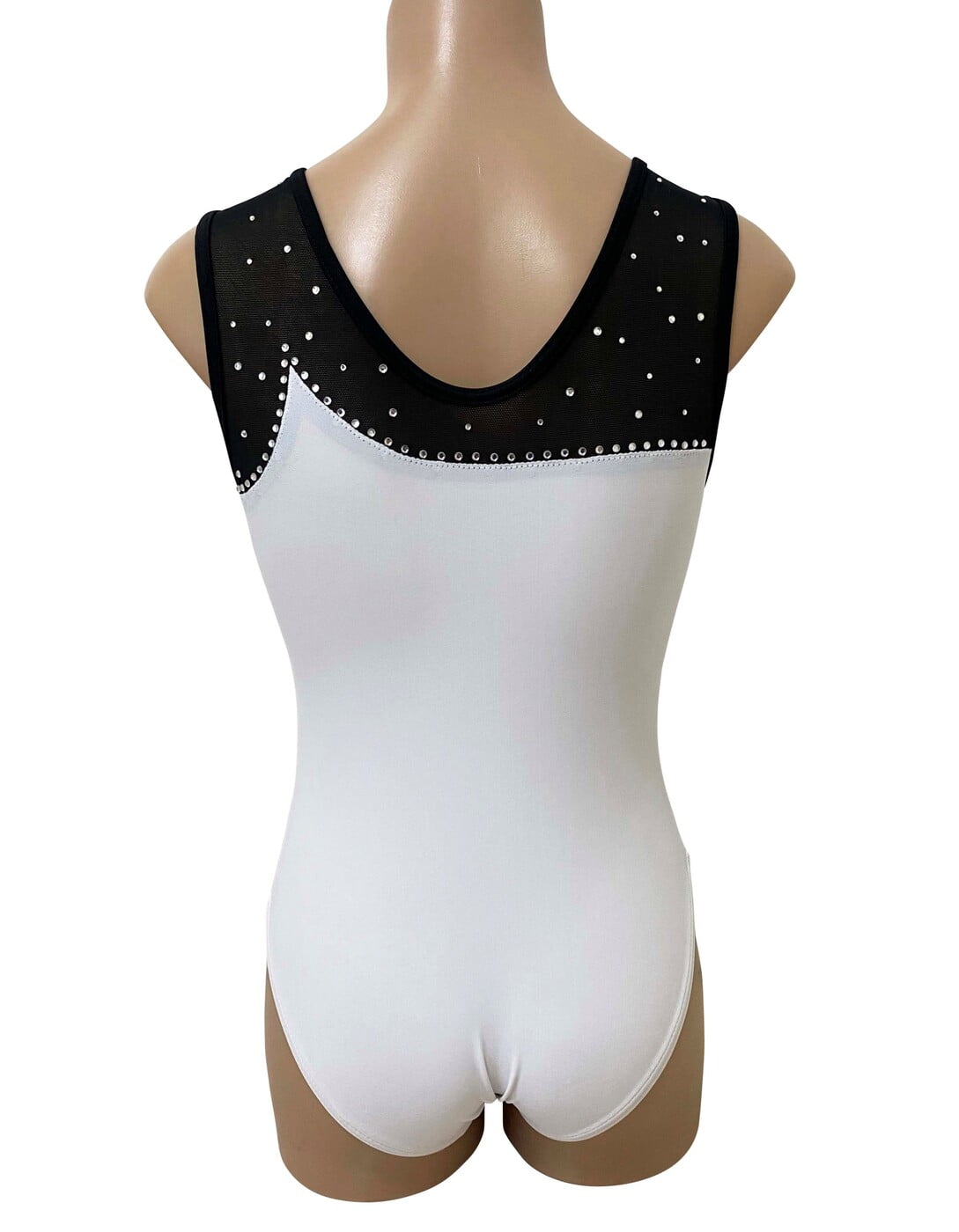 WHITE MATT LYCRA, BLACK MESH AND CLEAR STONES