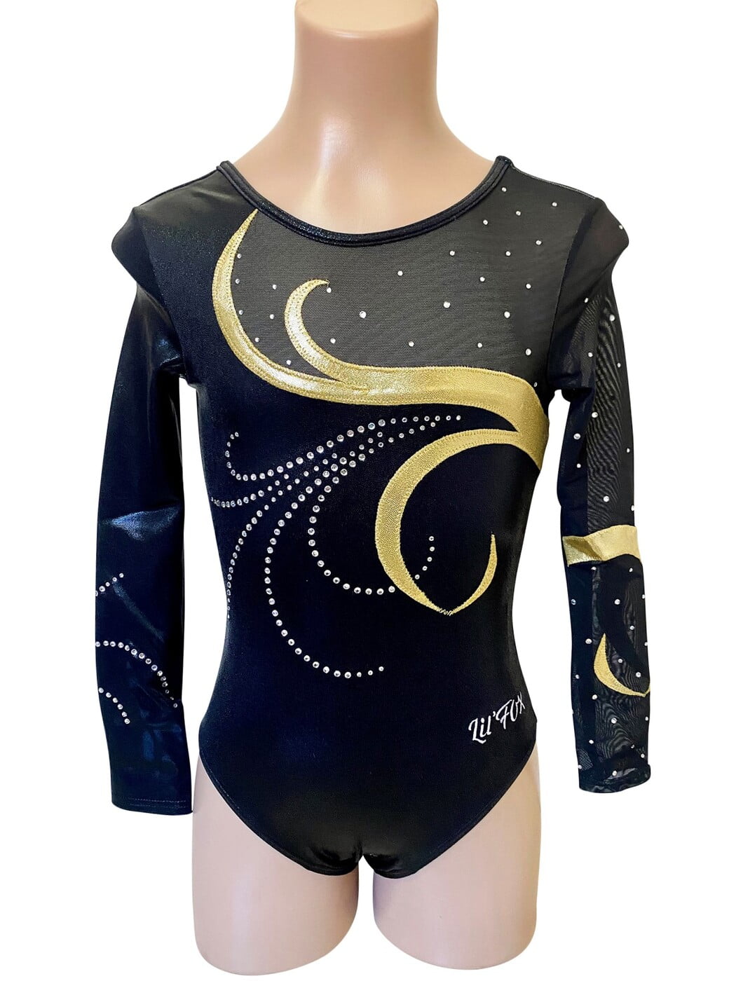 BLACK AND GOLD SWIRL MYSTIQUE WITH MESH STONES LONG SLEEVE