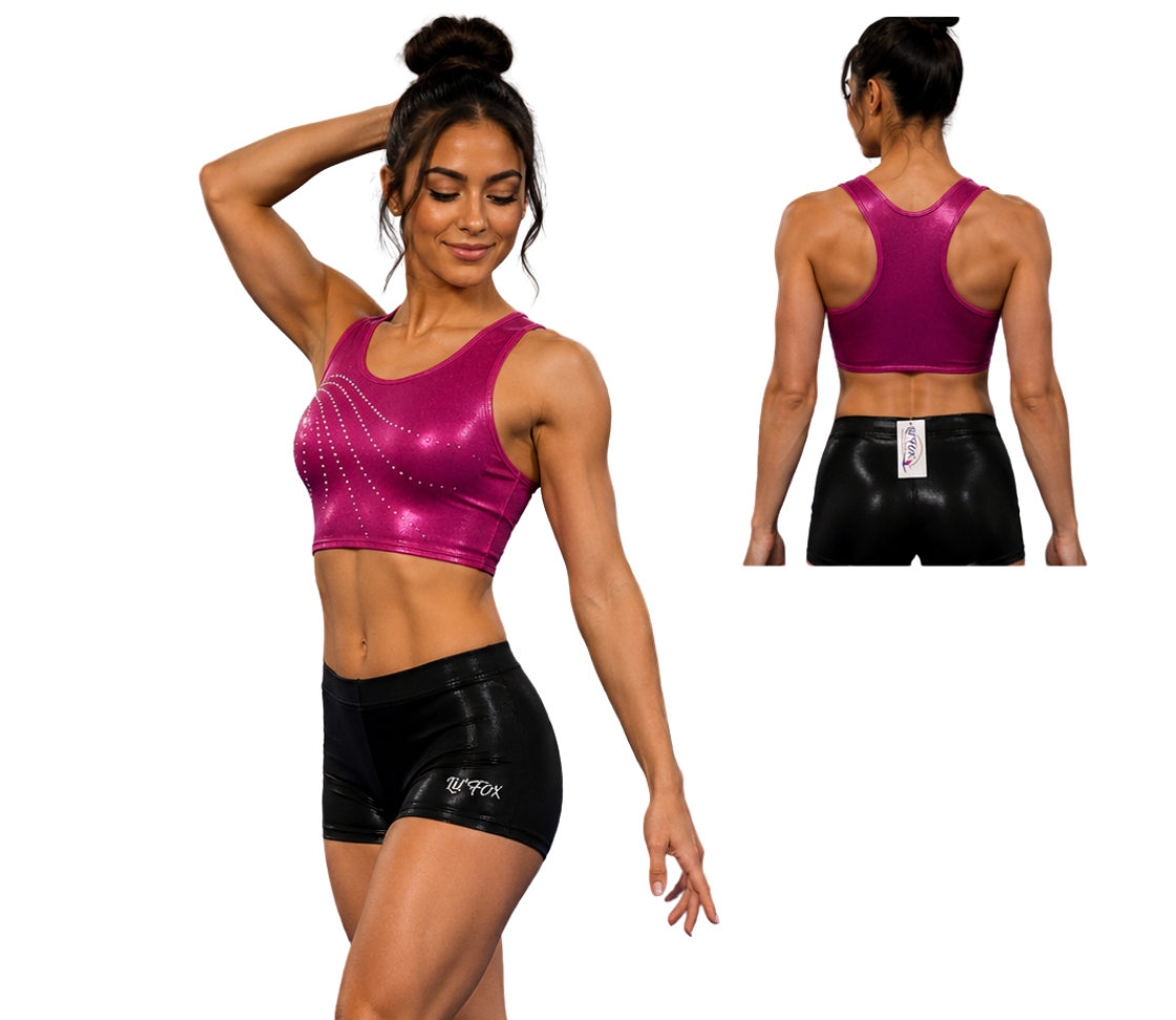 PINK MYSTIQUE WITH STONES AND BLACK MYST BIKE SHORTS CROP SET