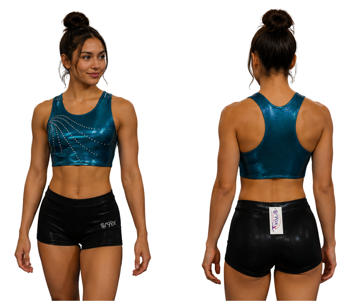 TEAL GREEN SHINY TOP BLACK SHINY SHORTS CROP SET
