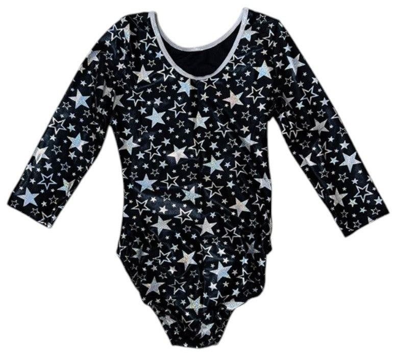 Lil'Fox Black Shiny Mystique Silver Stars 3/4 Sleeve Gymnastics Leotard