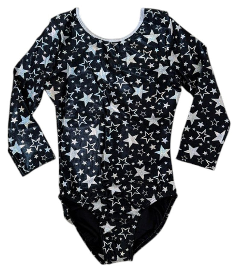 Lil'Fox Black Shiny Mystique Silver Stars 3/4 Sleeve Gymnastics Leotard