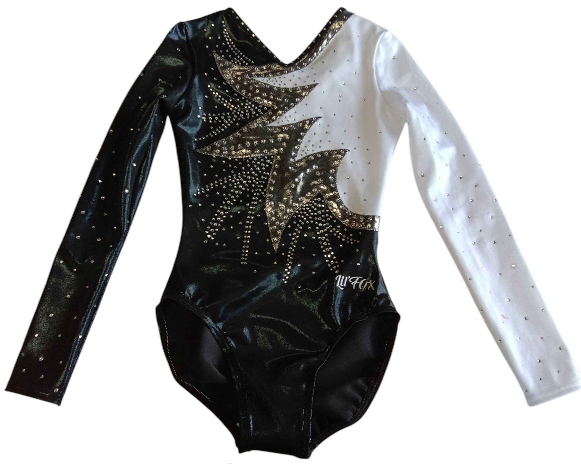 Lil'Fox Black, Steel & White Long Sleeve Gymnastics Leotard with Rhinestones