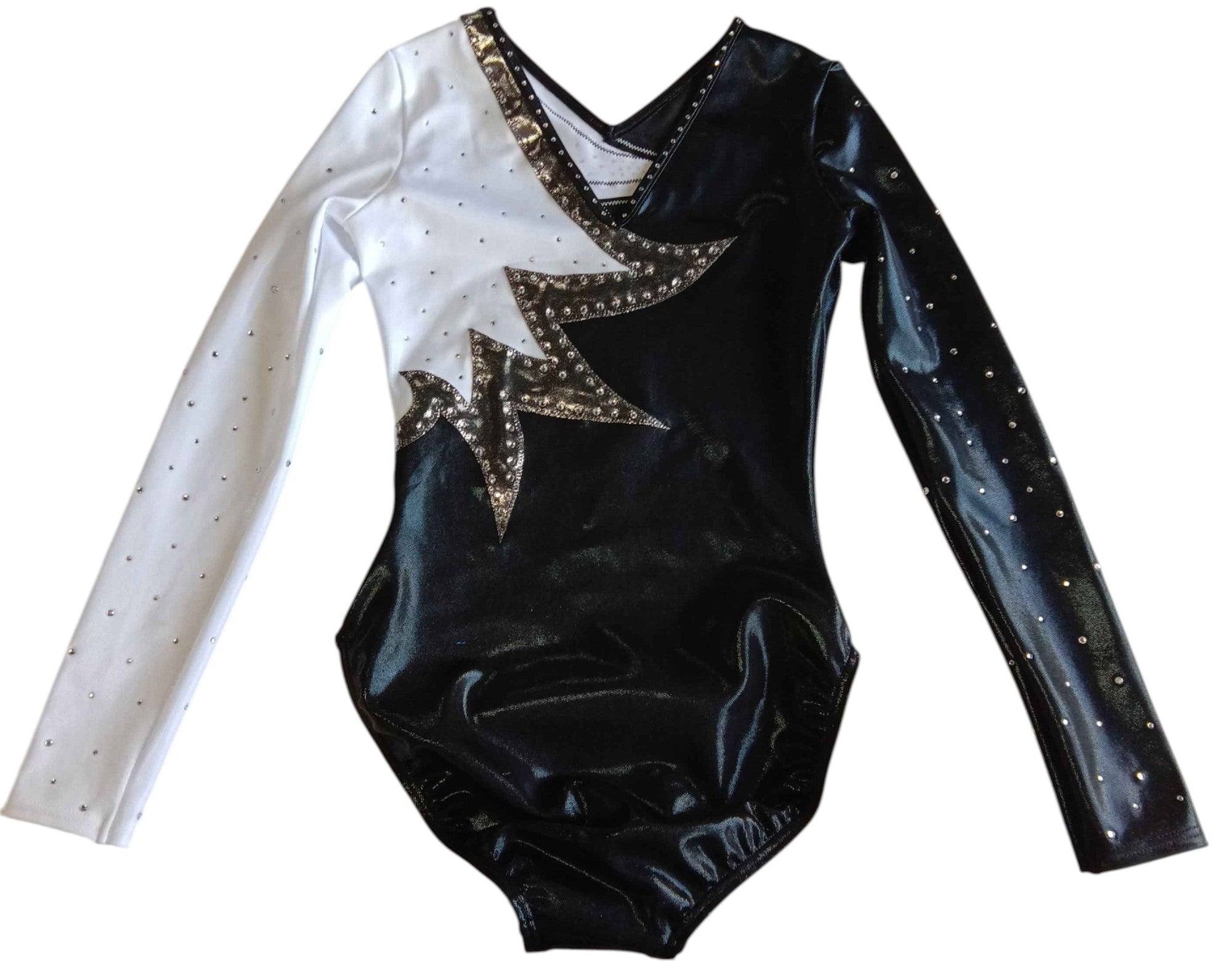 Lil'Fox Black, Steel & White Long Sleeve Gymnastics Leotard with Rhinestones