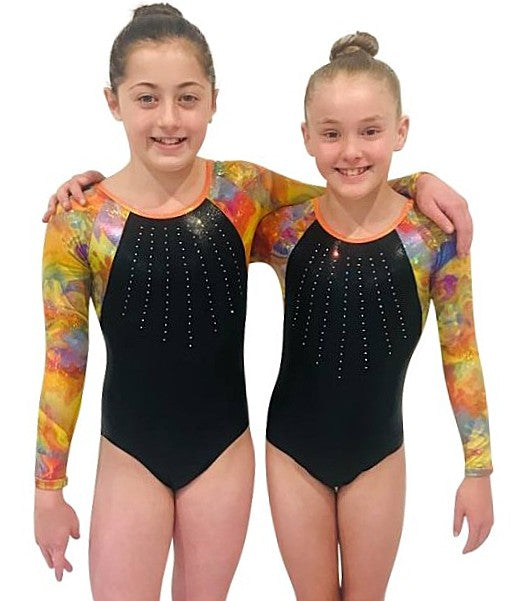Lil'Fox Black Shiny Foil Multi-Colour Long Sleeve Gymnastics Leotard with Rhinestones