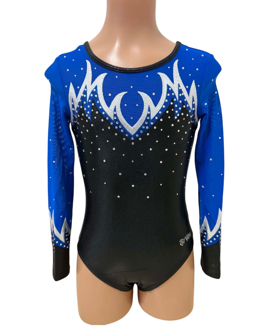 Lil'Fox Black Mystique with Royal Blue Mesh Flames Gymnastics Leotard with Crystals