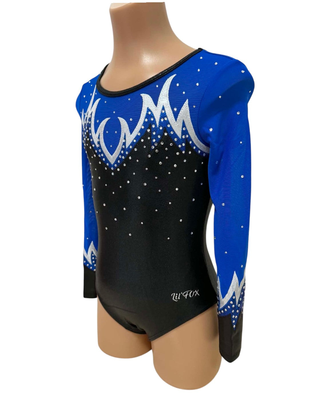 Lil'Fox Black Mystique with Royal Blue Mesh Flames Gymnastics Leotard with Crystals