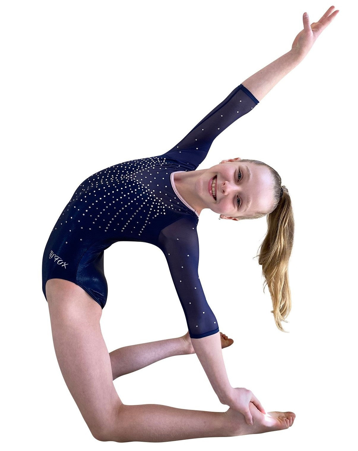 Navy Vitality Mystique Mesh 3/4 Sleeve Gymnastics Leotard with Crystals