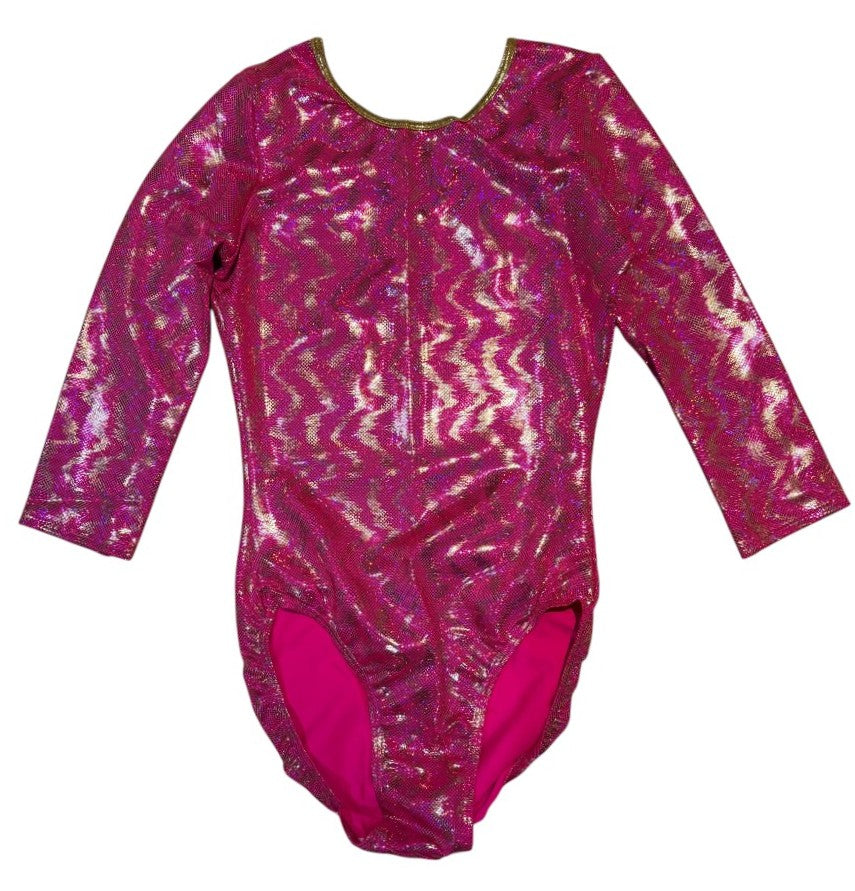 Lil'Fox Pink & Gold Shiny Mystique 3/4 Sleeve Gymnastics Leotard