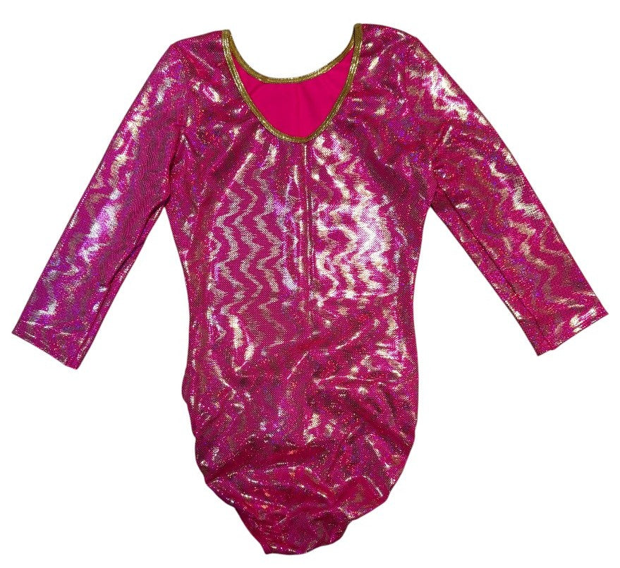 Lil'Fox Pink & Gold Shiny Mystique 3/4 Sleeve Gymnastics Leotard