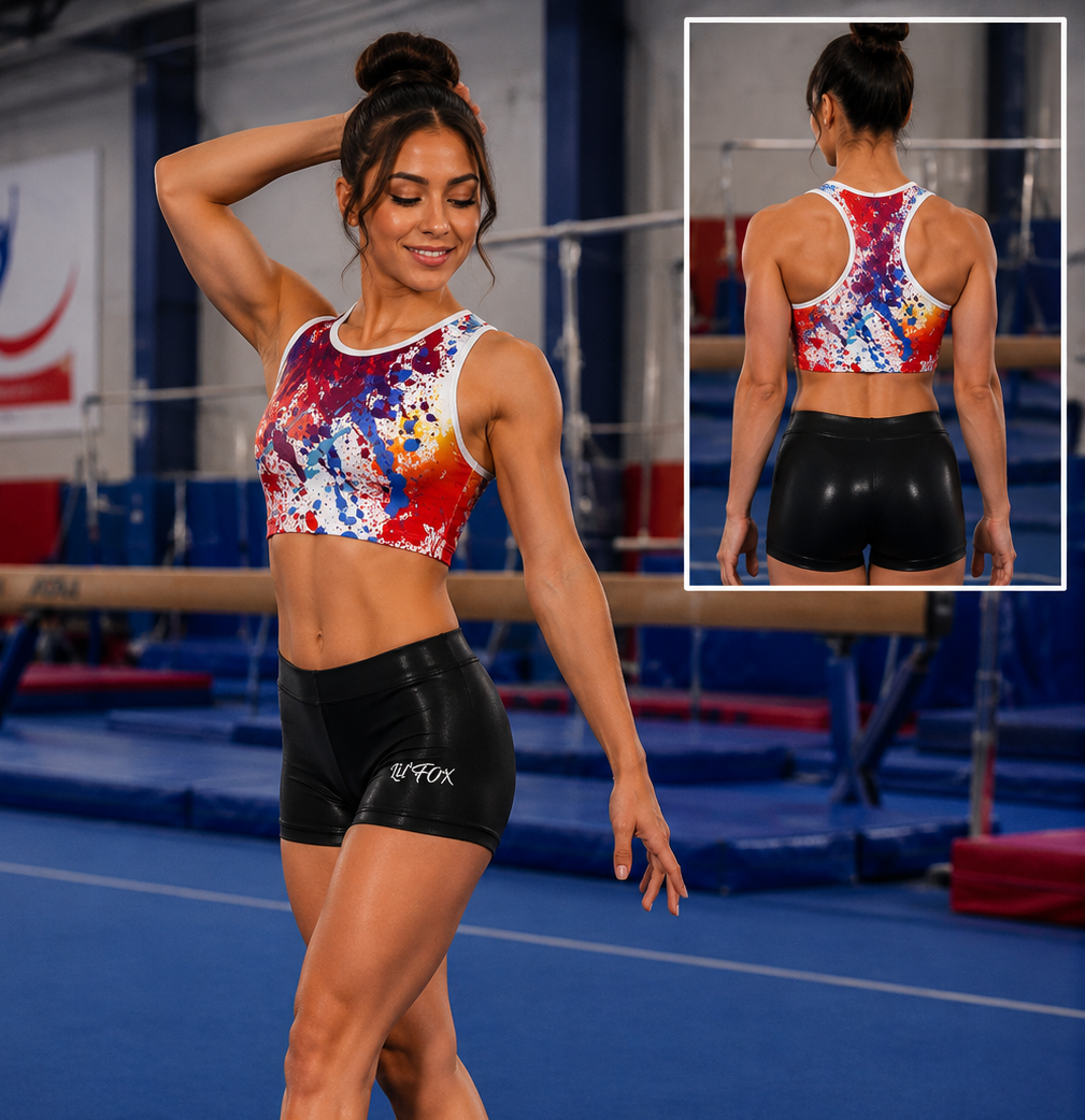 Lil'Fox Rainbow Splat with Shiny Black Shorts Crop Set