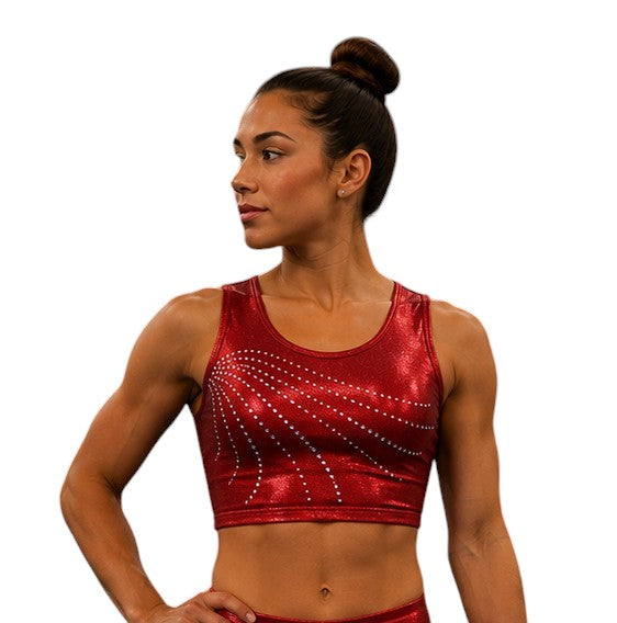 Lil'Fox Red Shiny Mystique Crop Top with Rhinestones