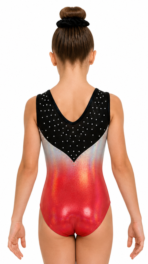 Lil'Fox Red Ombre Spyder Gymnastics Leotard with Rhinestones