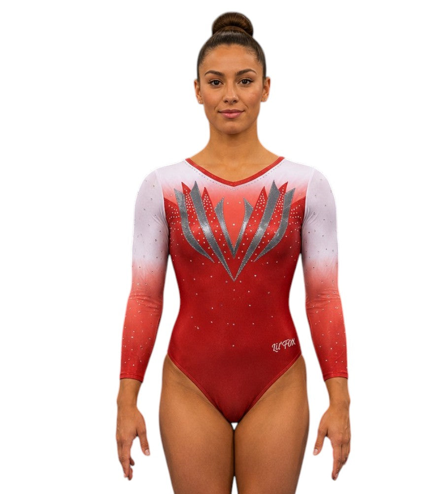 Lil'Fox Red & Silver Vivid Sunset Gymnastics Leotard with Rhinestones