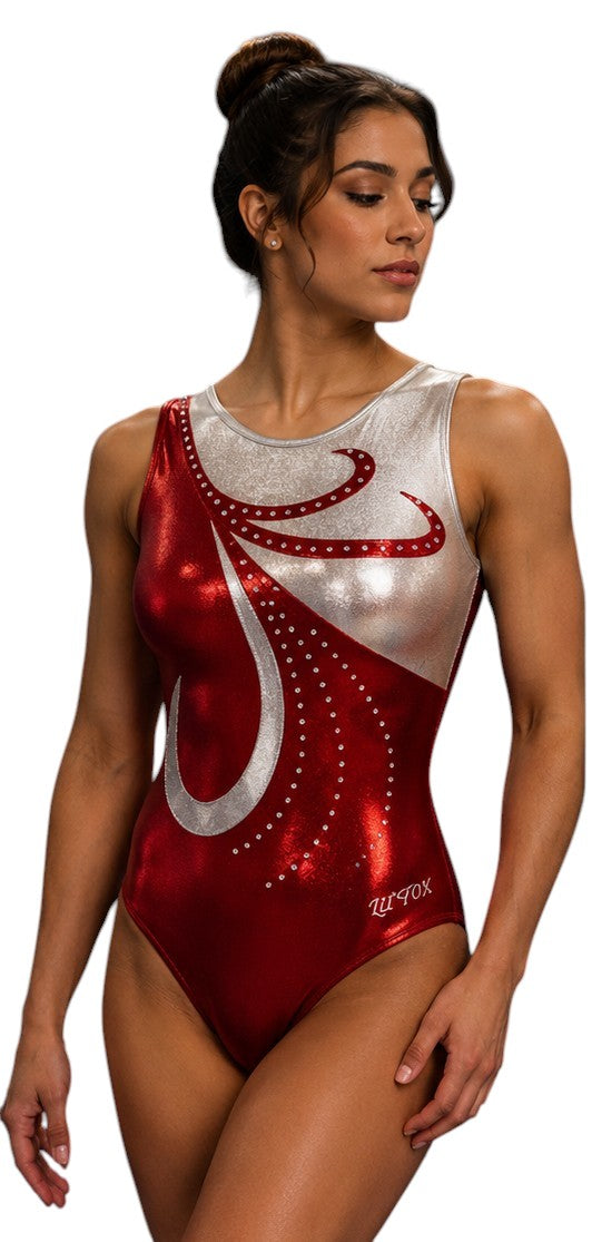 Lil'Fox Red & Silver Shiny Mystique Gymnastics Leotard with Crystals