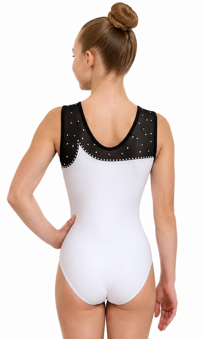 Lil'Fox White Matt Lycra, Black Mesh & Mixed Stones Sleeveless Leotard